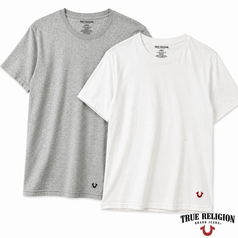 True Religion T-Shirt Lot of 2 Men's Large White Gray Minimal Logo Crew Neck